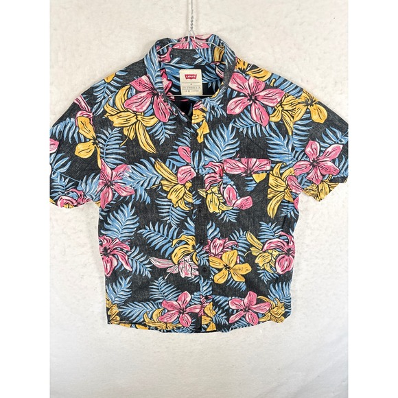 Levi's Other - Levis Mens Medium Floral Tropical Short Sleeve Button Up Shirt Black Pink Yellow